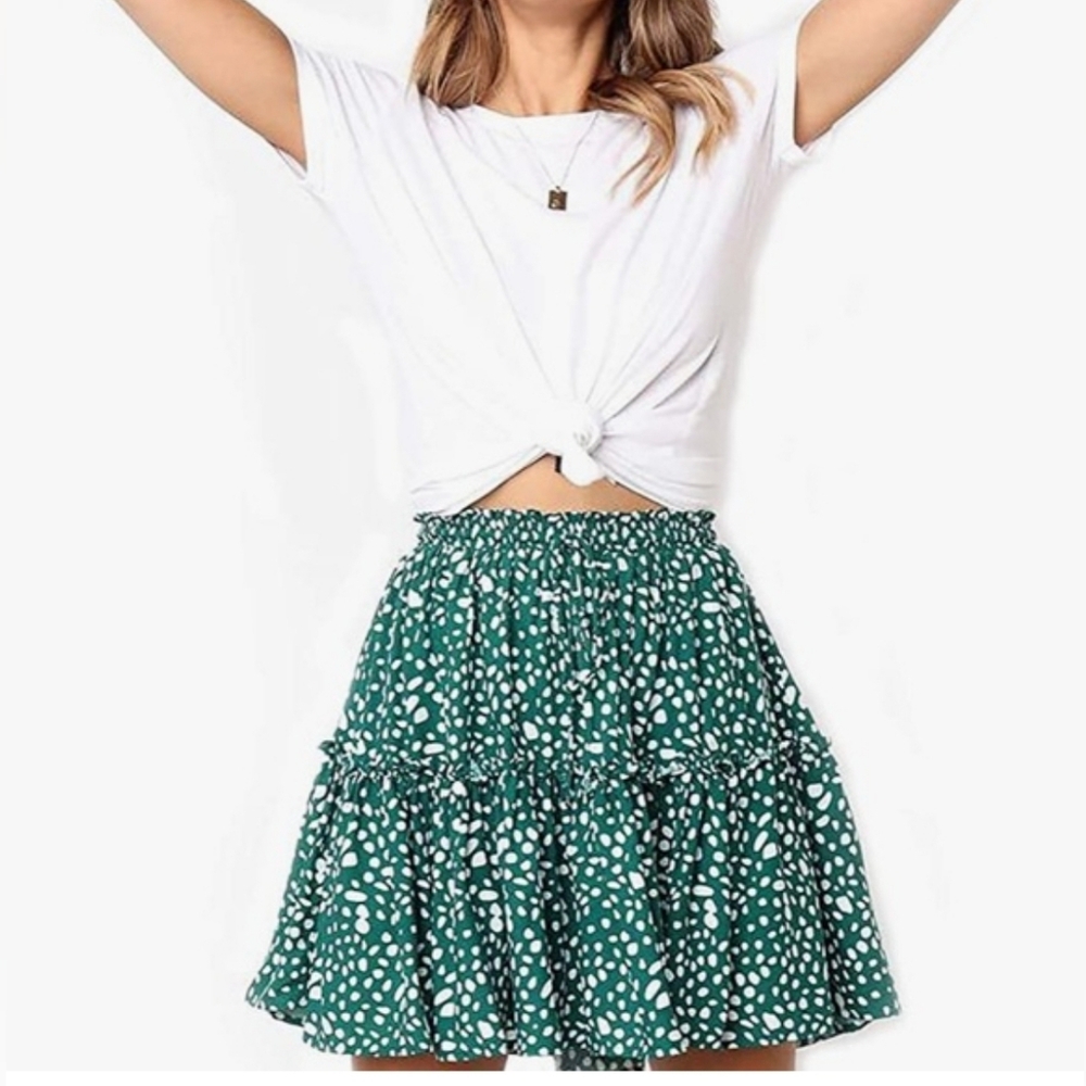 High Waist Ruffle Tiered Skirt, White & Teal Polka Dot, Size L